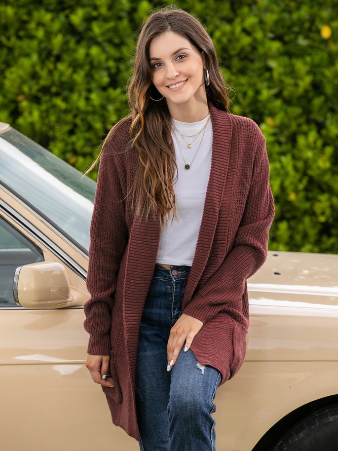Plus Size Casual Pockets Knitted Long Sleeve Solid Jacket