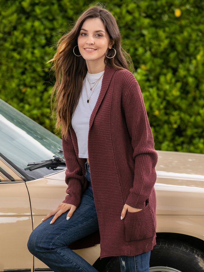 Plus Size Casual Pockets Knitted Long Sleeve Solid Jacket
