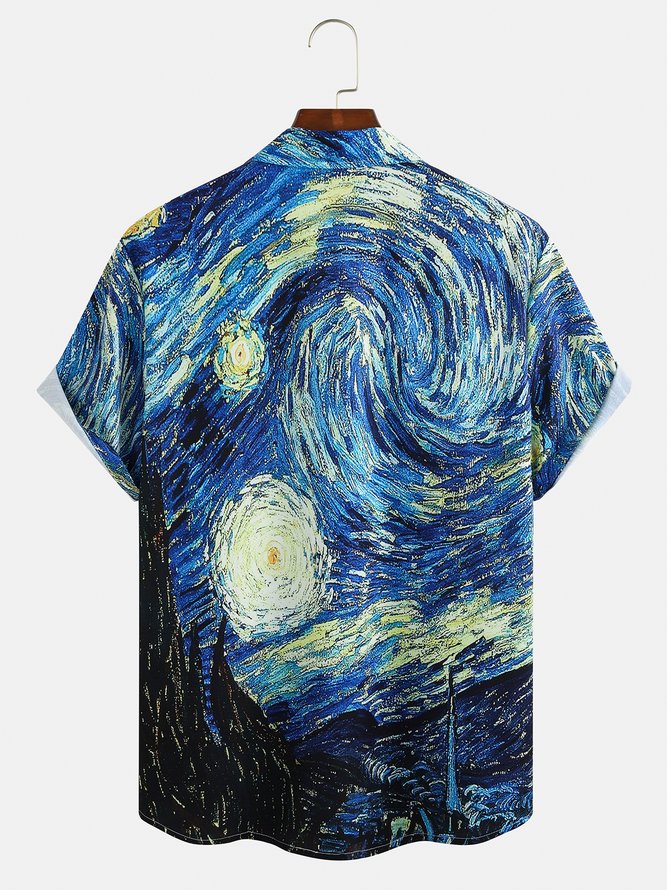 Mens Retro Van Gogh The Starry Night Lapel Loose Short Sleeve Funky Hawaiian Shirt