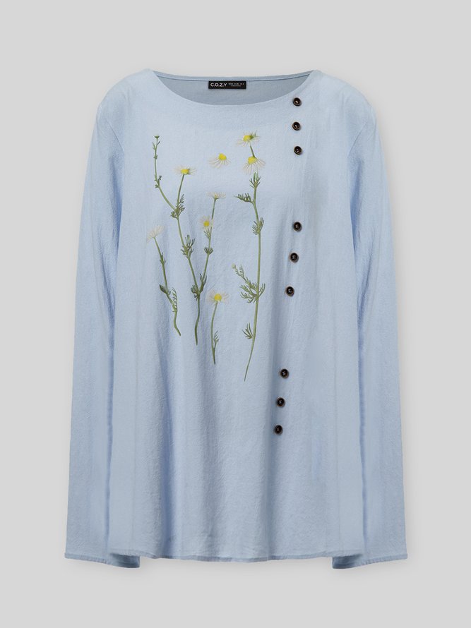 JFN Round Neck Floral Buttoned Casual T-Shirt/Tee