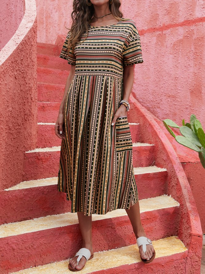 Short Sleeve Printed Casual Weaving Dress