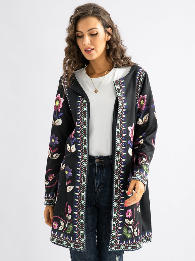 Cotton blended long sleeve printed cardigan coat