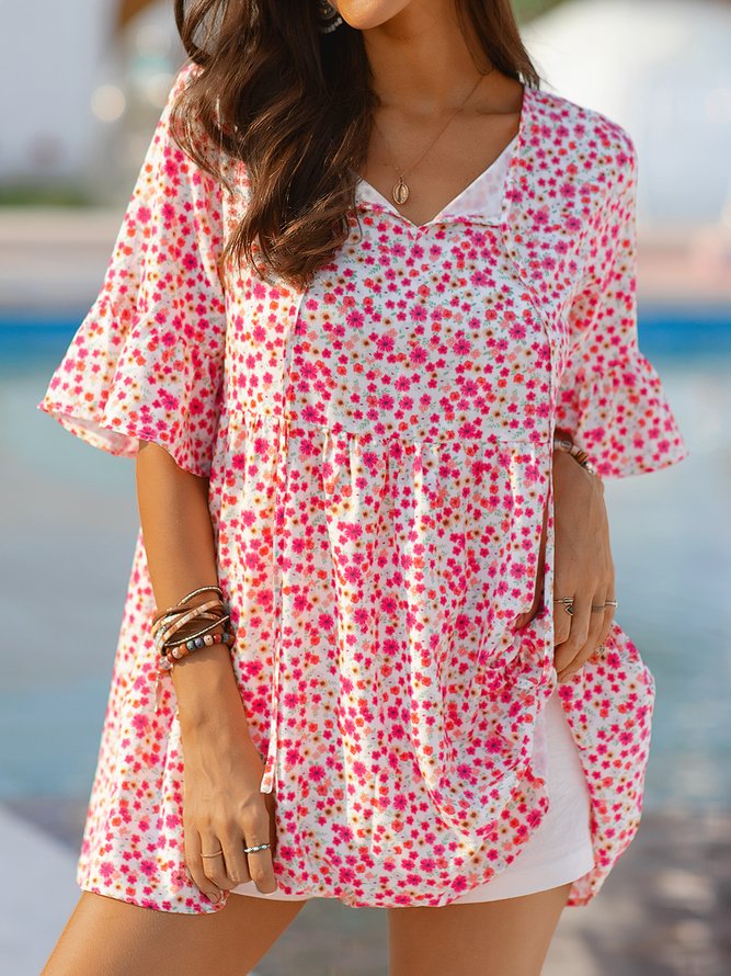 Cotton-Blend Frill Sleeve Shift Floral Tops
