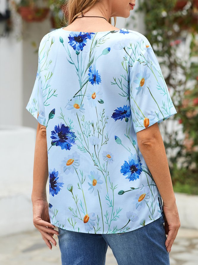 JFN Round Neck Floral Buttoned Daily T-Shirt/Tee