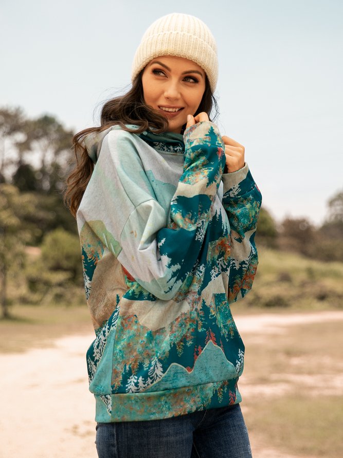 Forest Print Long Sleeve Casual Cotton-Blend Hoodie Sweatshirt