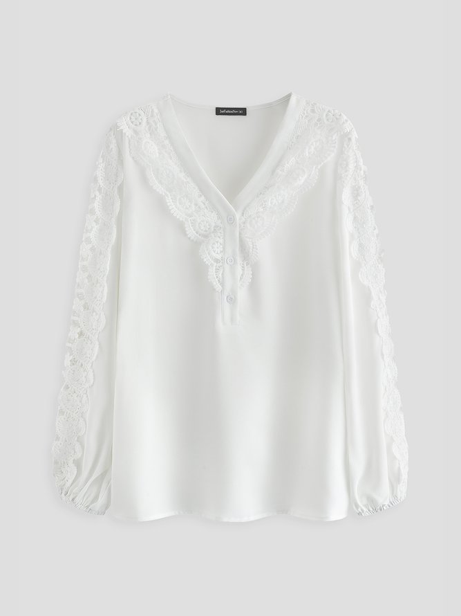 JFN V Neck Lace Puff Sleeve Daily Top