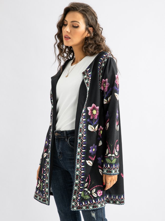 Cotton blended long sleeve printed cardigan coat