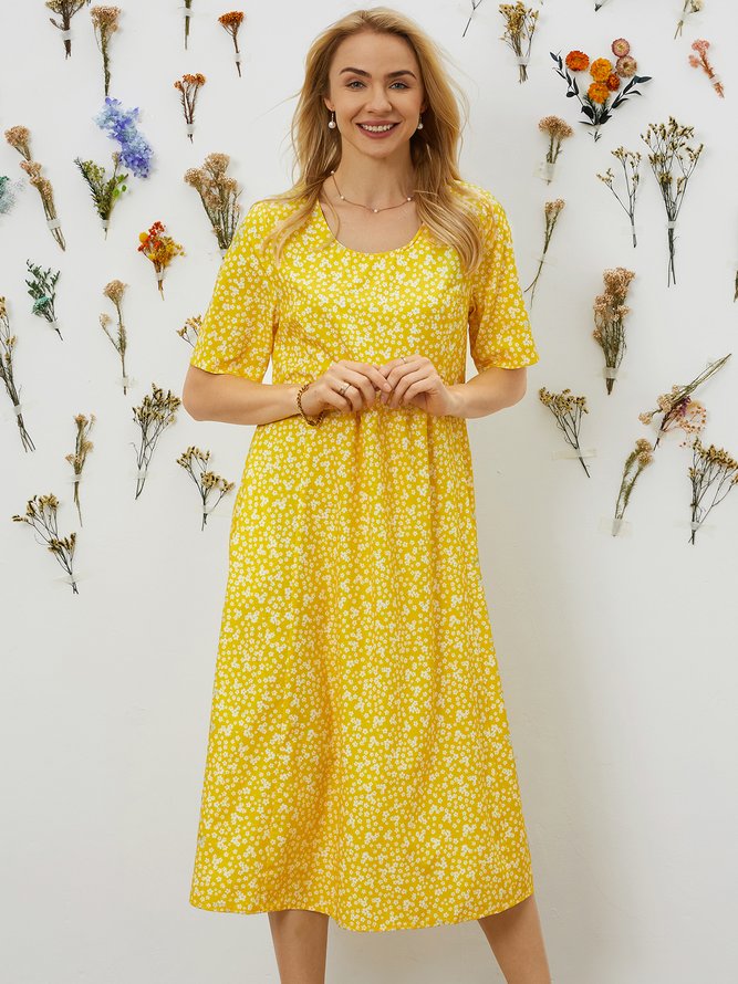 Floral Printed Crew Neck Pockets Short Sleeve Casual Midi Shirt Dress