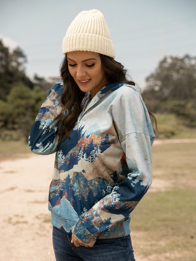 Forest Print Long Sleeve Casual Cotton-Blend Hoodie Sweatshirt
