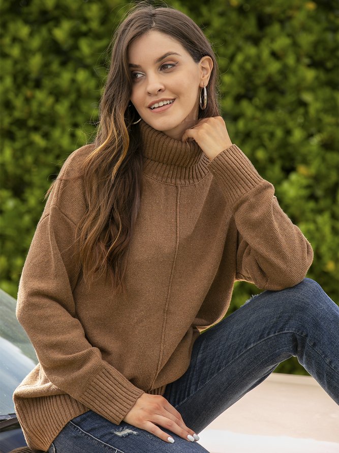 Solid Long Sleeve Turtleneck Wool Blend Sweater