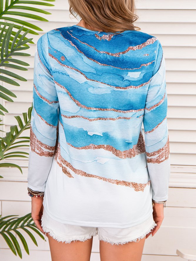 Round Neck Printed Casual Abstract Long Sleeve Top