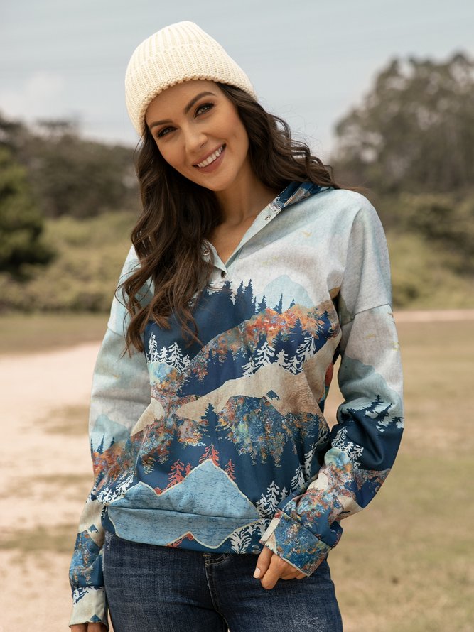 Forest Print Long Sleeve Casual Cotton-Blend Hoodie Sweatshirt