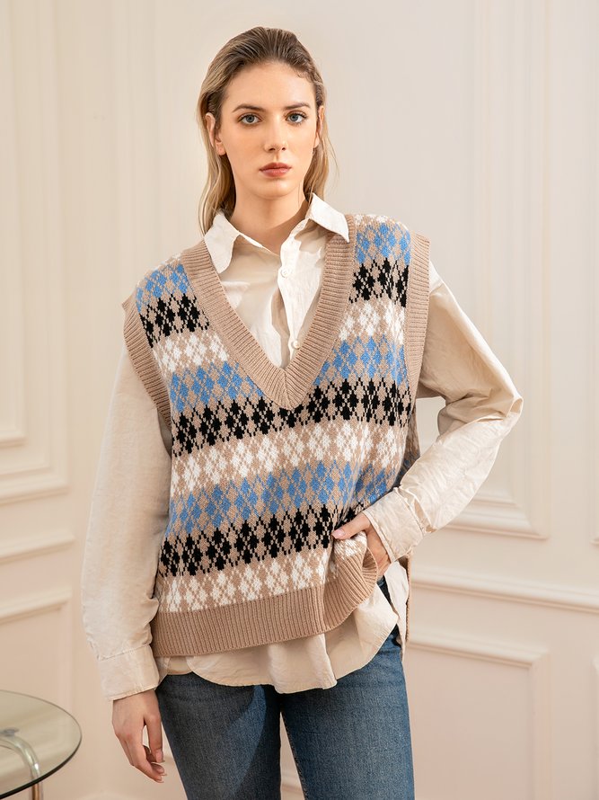 V-neck blended geometric jacquard wool vest