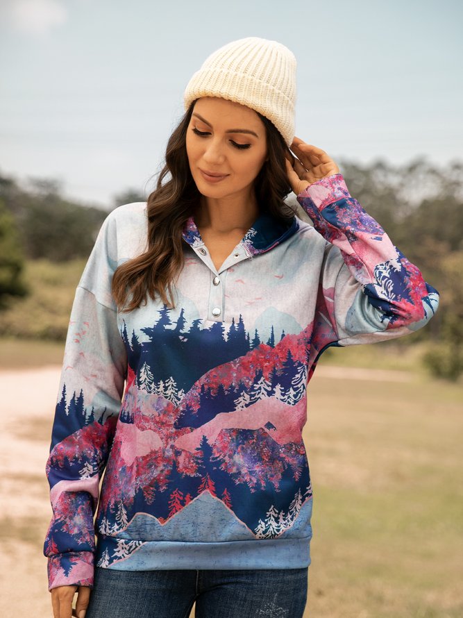 Forest Print Long Sleeve Casual Cotton-Blend Hoodie Sweatshirt