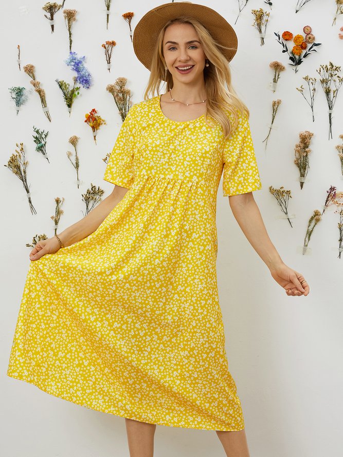 Floral Printed Crew Neck Pockets Short Sleeve Casual Midi Shirt Dress