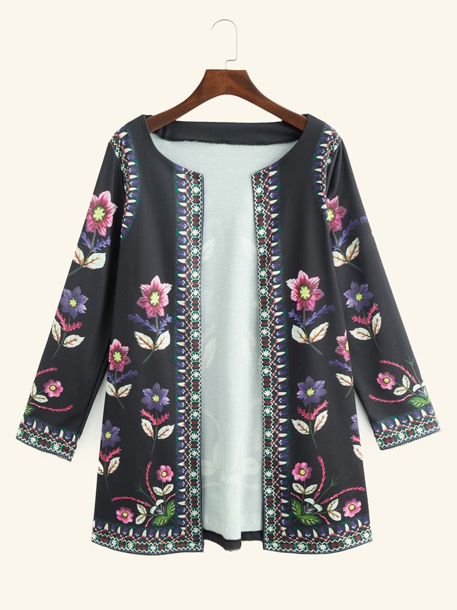 Cotton blended long sleeve printed cardigan coat
