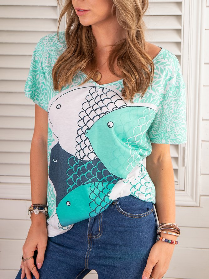 V-Neck Short Sleeve Fish Painting Print T-shirt & Tops
