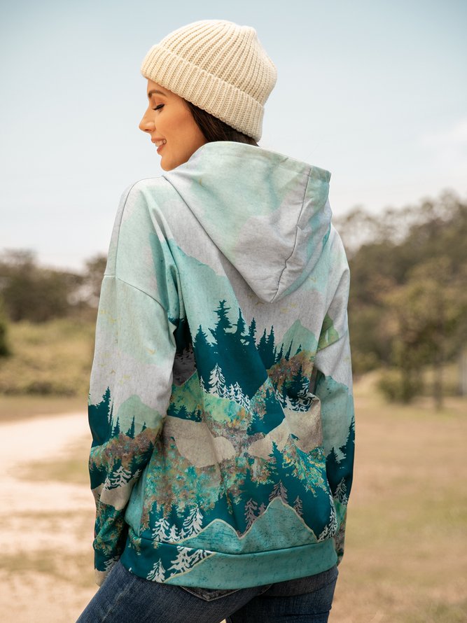 Forest Print Long Sleeve Casual Cotton-Blend Hoodie Sweatshirt