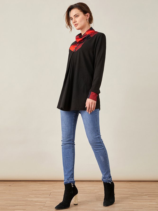JFN Cowl Neck Buttoned Color Block Grid Top