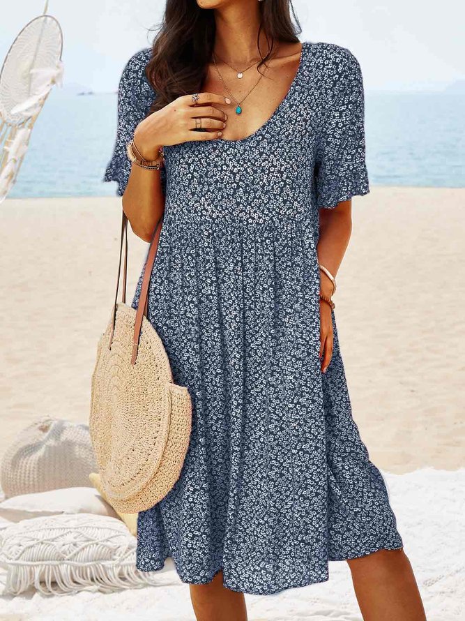 JFN V Neck Floral Beach Vacation Casual Mini Smock Dress
