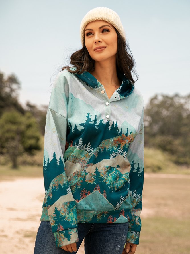 Forest Print Long Sleeve Casual Cotton-Blend Hoodie Sweatshirt