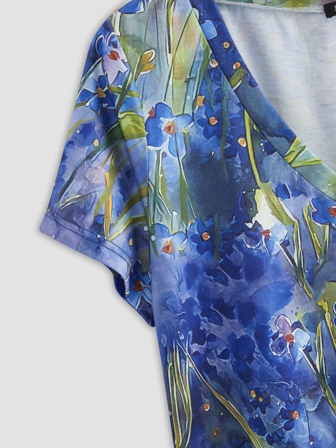 Women's Casual Holiday Weekend Floral T-shirt  Short Sleeve Print V Neck Basic Top