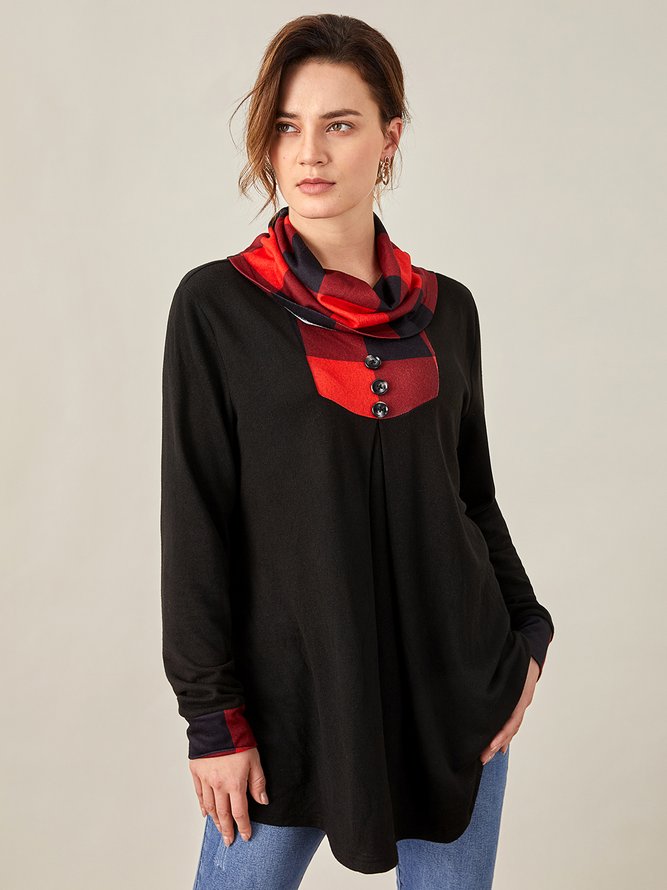 JFN Cowl Neck Buttoned Color Block Grid Top