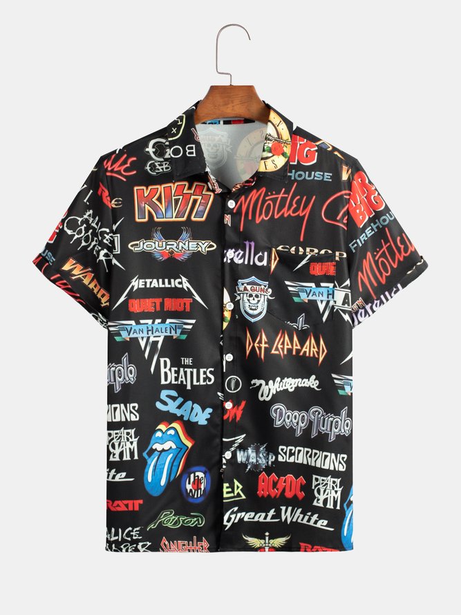Mens Rock and Roll Punk Print Pocket Lapel Casual Loose Short Sleeve Shirt