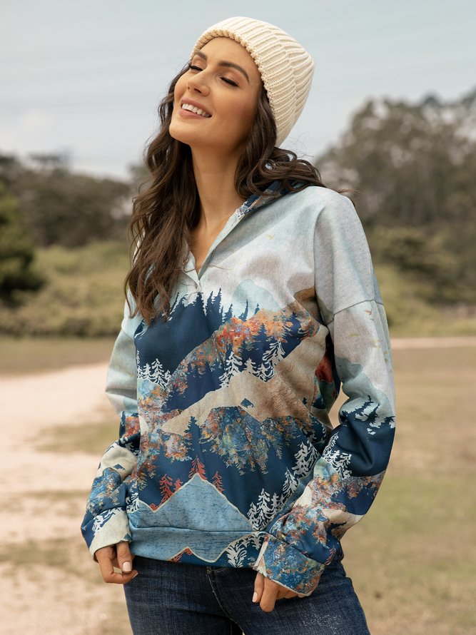 Forest Print Long Sleeve Casual Cotton-Blend Hoodie Sweatshirt