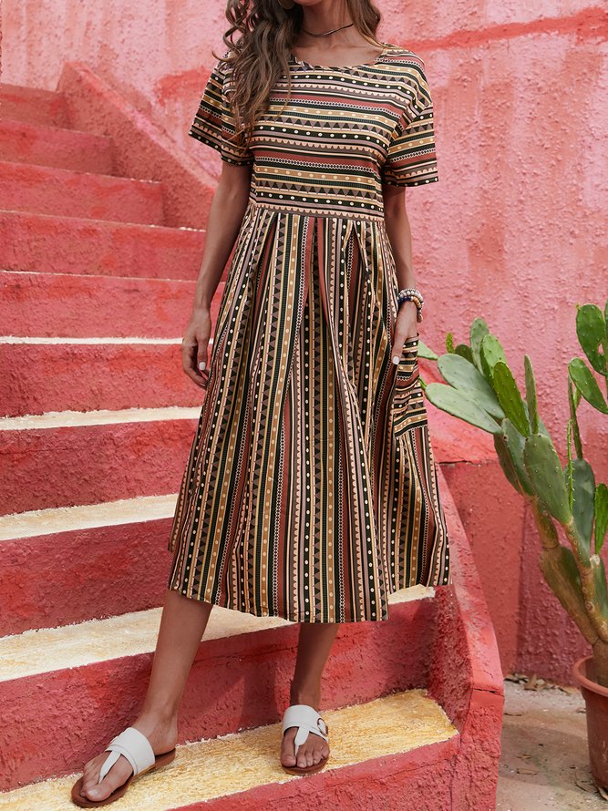 Short Sleeve Printed Casual Weaving Dress