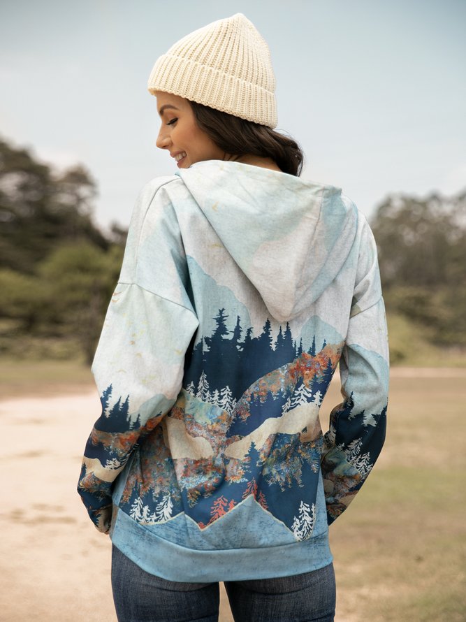 Forest Print Long Sleeve Casual Cotton-Blend Hoodie Sweatshirt