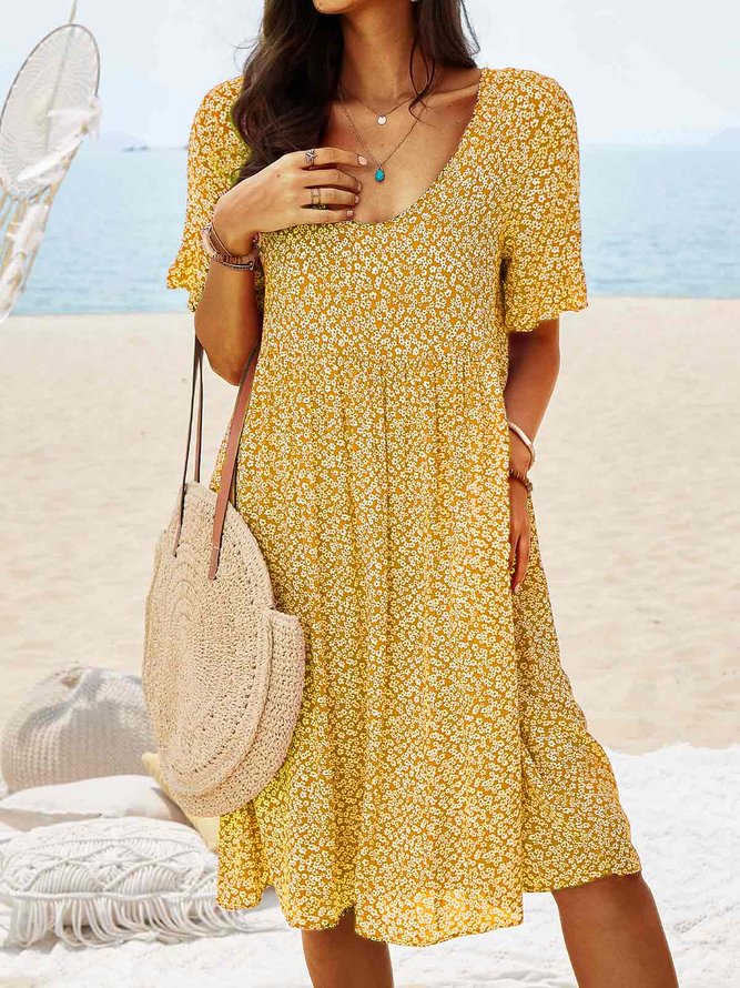 JFN V Neck Floral Beach Vacation Casual Mini Smock Dress