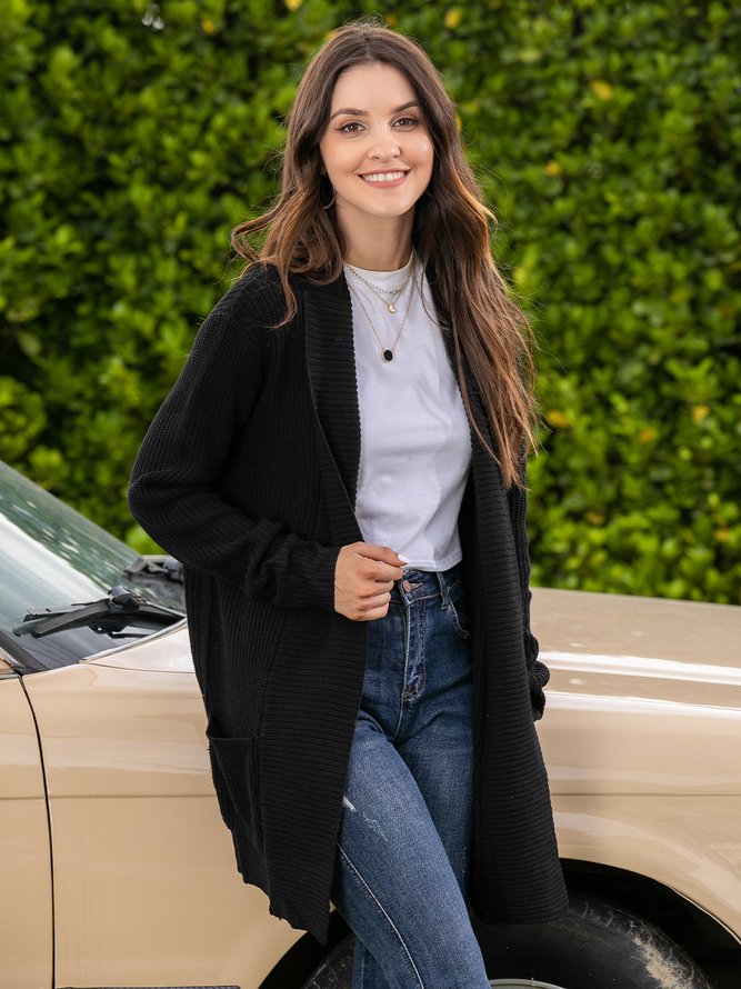 Plus Size Casual Pockets Knitted Long Sleeve Solid Jacket