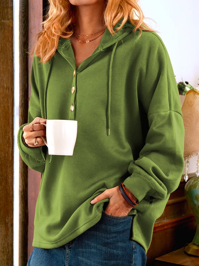 Women's Solid Color Hooded Button Drawstring Sweatshirt