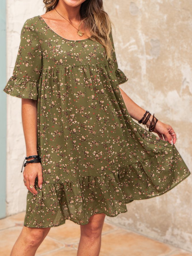 Floral Print Half Sleeve Casual Gathered Cotton Weaving Dress