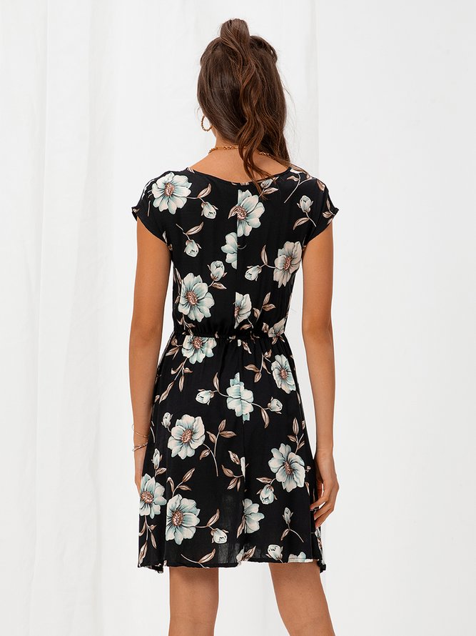 V Neck Short Sleeve Floral A-Line Weaving Dress