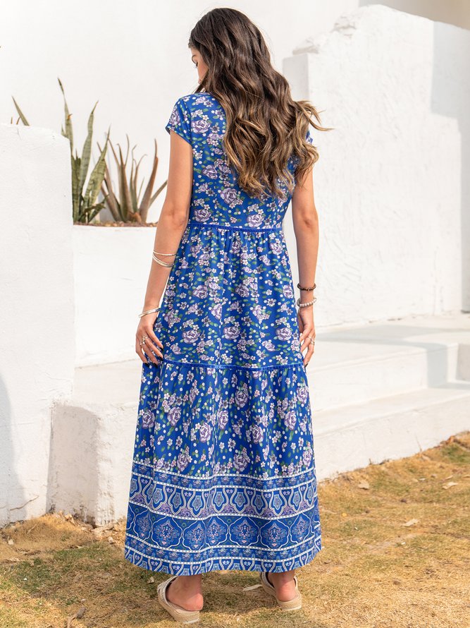 V Neck Boho Floral-Print Weaving Dress