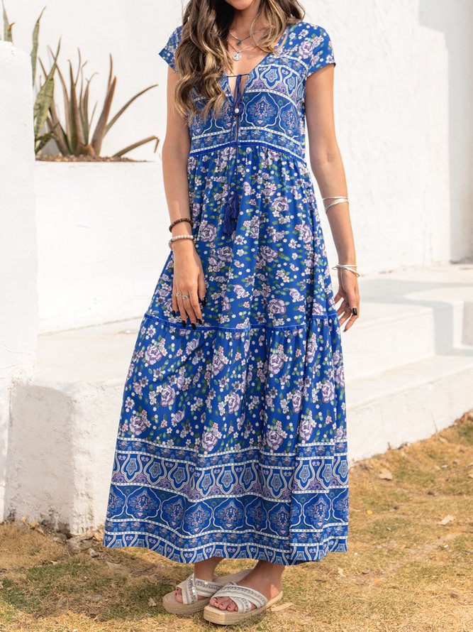 V Neck Boho Floral-Print Weaving Dress