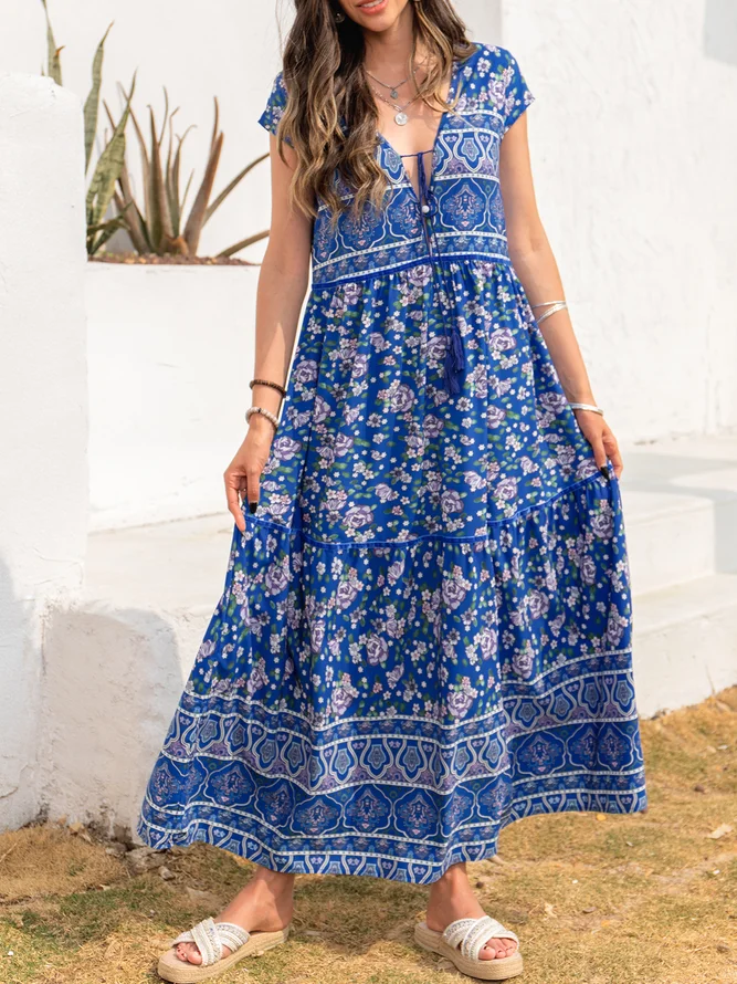 V Neck Boho Floral-Print Weaving Dress