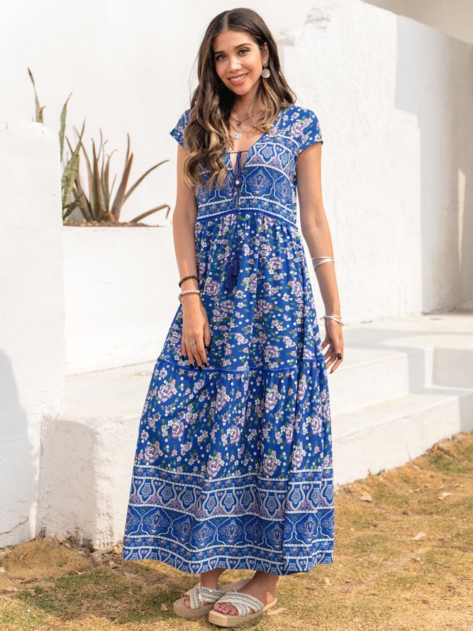 V Neck Boho Floral-Print Weaving Dress