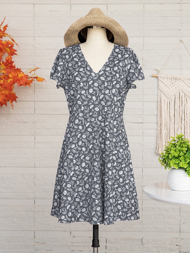 JFN V Neck Floral Short Sleeve Casual Mini Dress