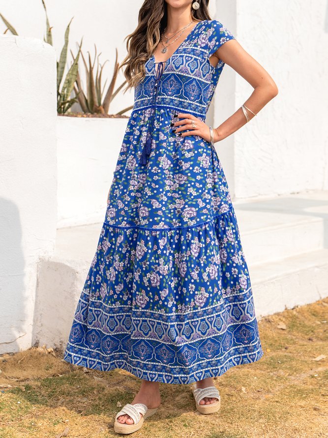 V Neck Boho Floral-Print Weaving Dress
