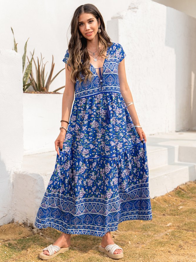 V Neck Boho Floral-Print Weaving Dress