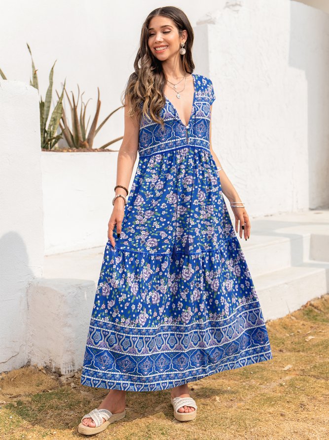 V Neck Boho Floral-Print Weaving Dress