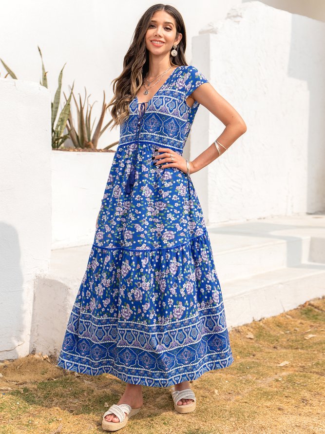 V Neck Boho Floral-Print Weaving Dress