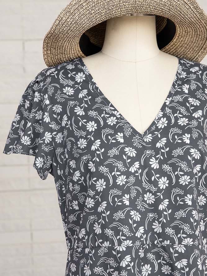 JFN V Neck Floral Short Sleeve Casual Mini Dress