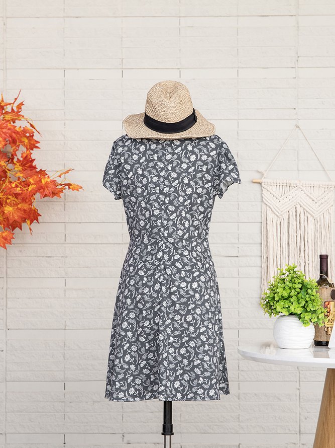 JFN V Neck Floral Short Sleeve Casual Mini Dress