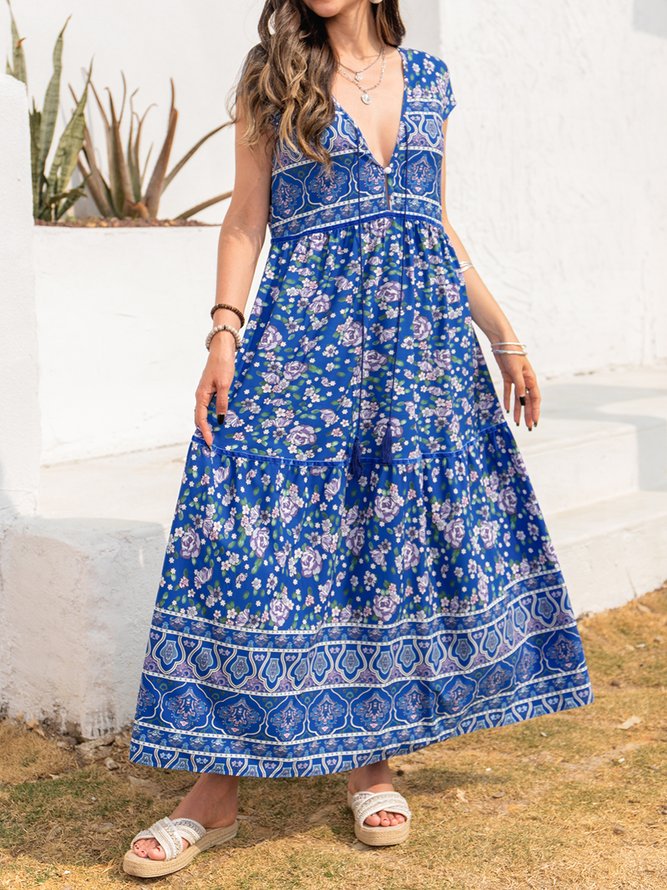 V Neck Boho Floral-Print Weaving Dress
