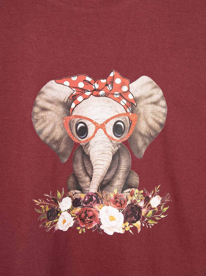 Casual Elephant Print Crew Neck T-Shirts