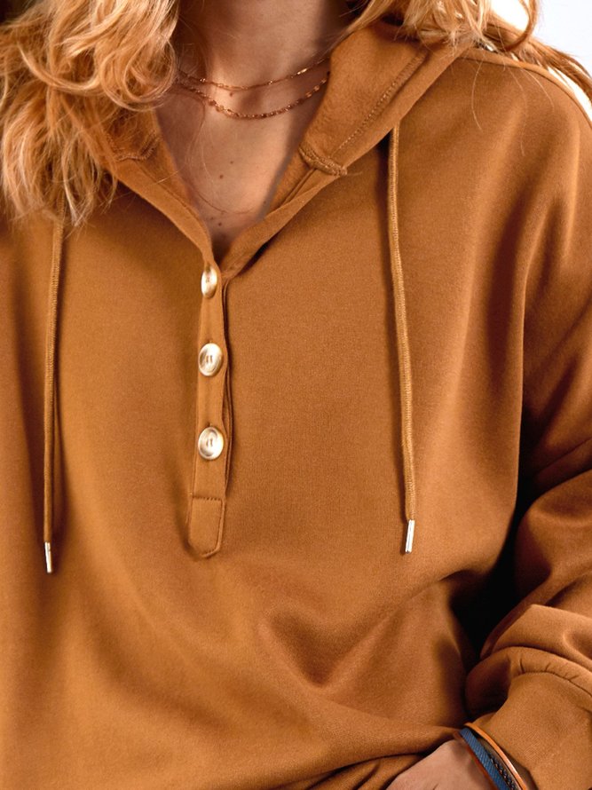 Women's Solid Color Hooded Button Drawstring Sweatshirt